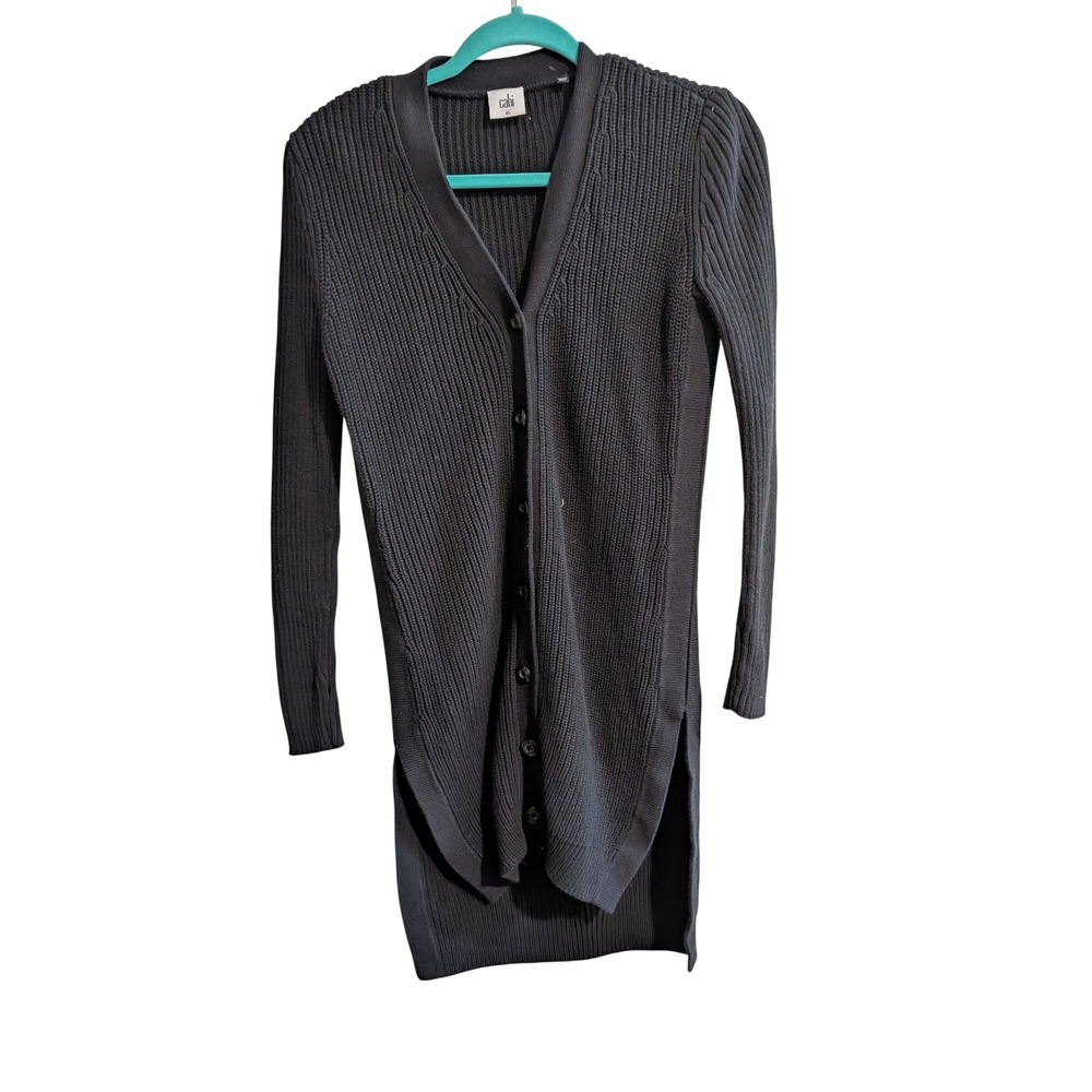 Cabi Cardigan Sweater Womens XS Black Ribbed Knit Longline Side Slit 3715